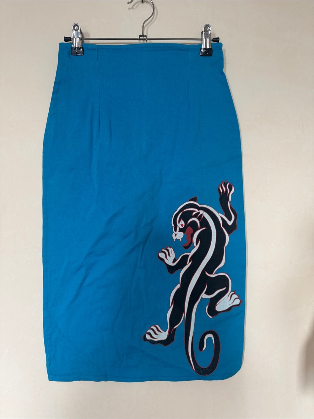 American Vintage Bright Blue Midi Skirt with Panther Motif
